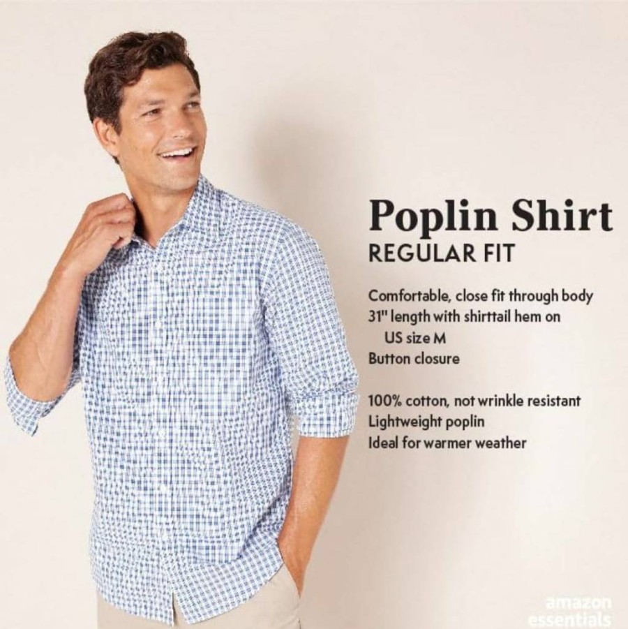 Amazon Essentials Men's Regular-Fit Long-Sleeve Poplin Shirt for Casual Wear