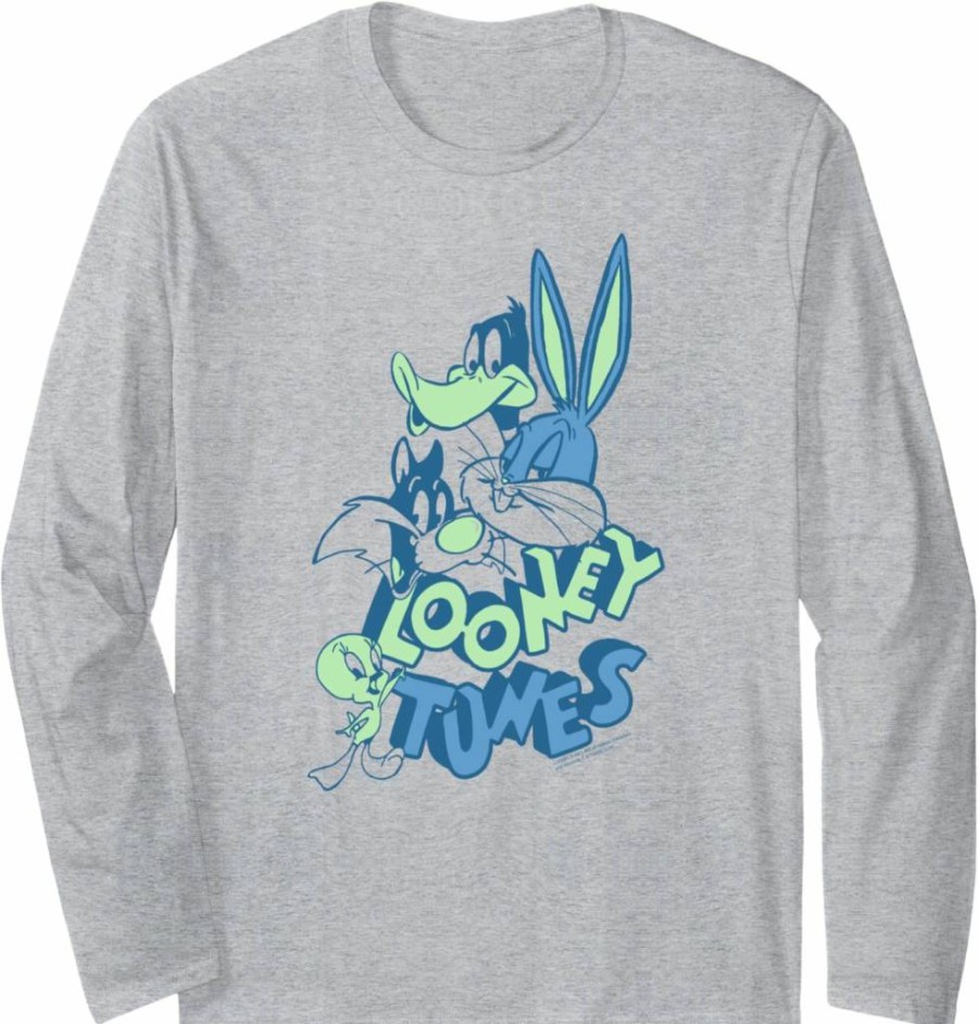 Amazon Essentials Men's Looney Tunes Graphic Long Sleeve T-Shirt - Blue & Green Character Collage