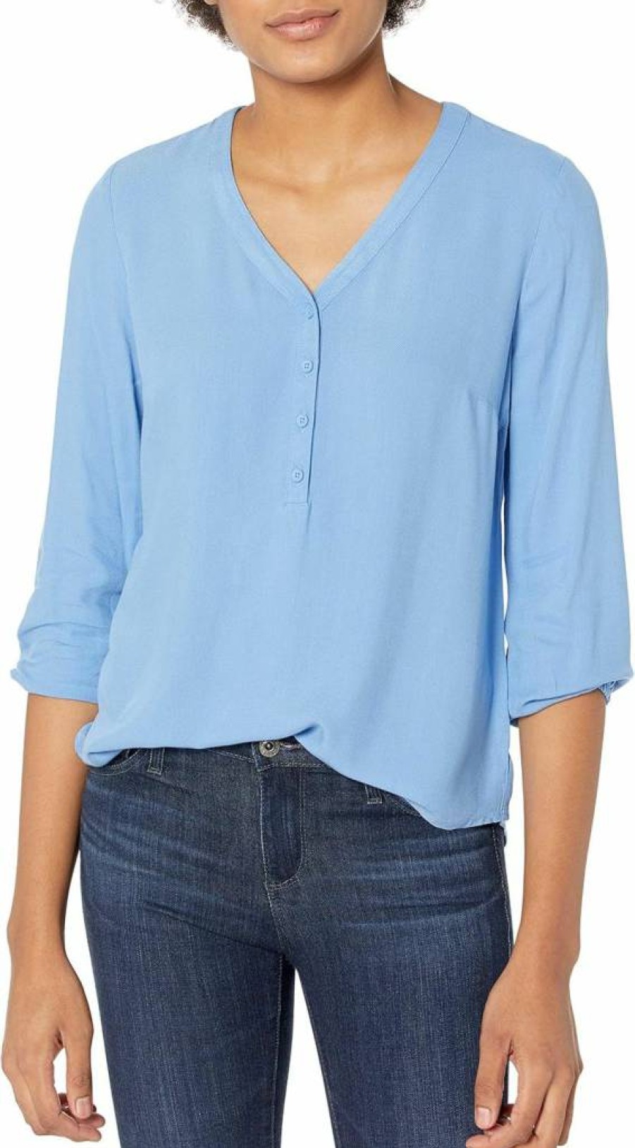 Amazon Essentials Women's Loose-Fit V-Neck 3/4 Sleeve Blouse Shirt, Casual Button-Down Popover Top