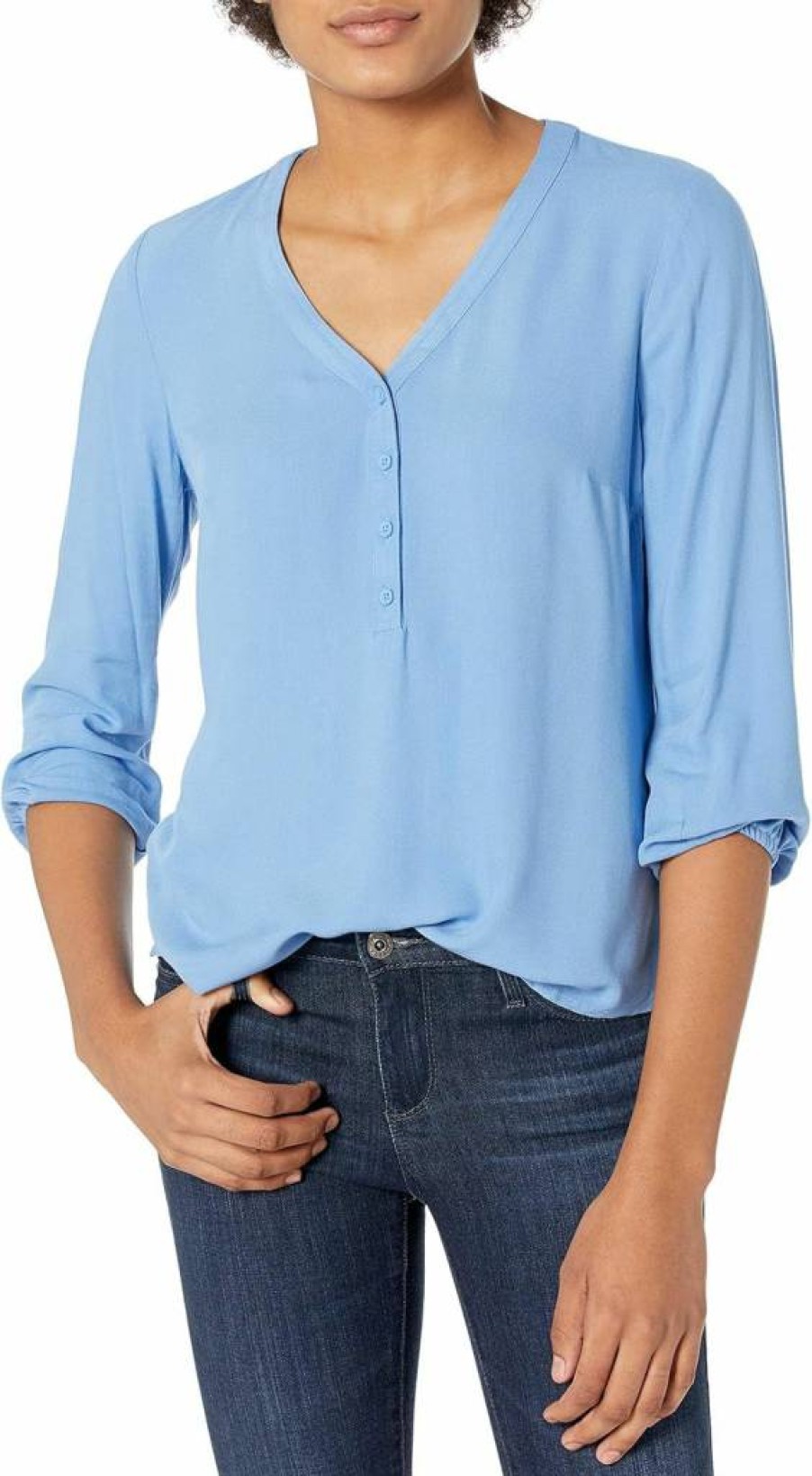 Amazon Essentials Women's Loose-Fit V-Neck 3/4 Sleeve Blouse Shirt, Casual Button-Down Popover Top
