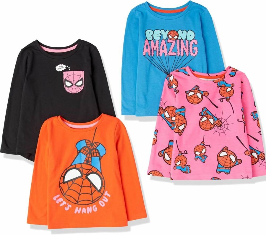 Amazon Essentials Girls & Toddlers Long-Sleeve Marvel Star Wars Disney Graphic Tees 4-Pack
