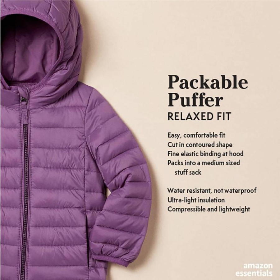 Amazon Essentials Girls' Lightweight Packable Puffer Jacket with Hood - Water-Resistant Winter Coat for Toddlers