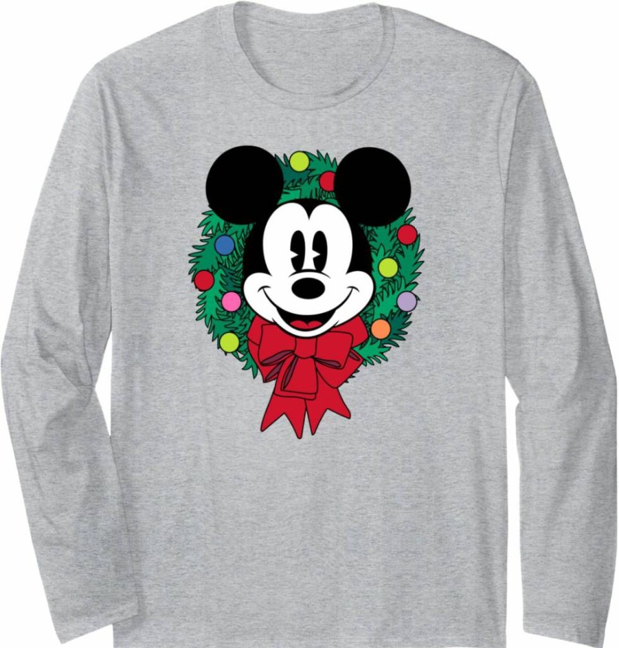 Amazon Essentials Mickey Mouse Christmas Holiday Long Sleeve Graphic T-Shirt with Wreath Design
