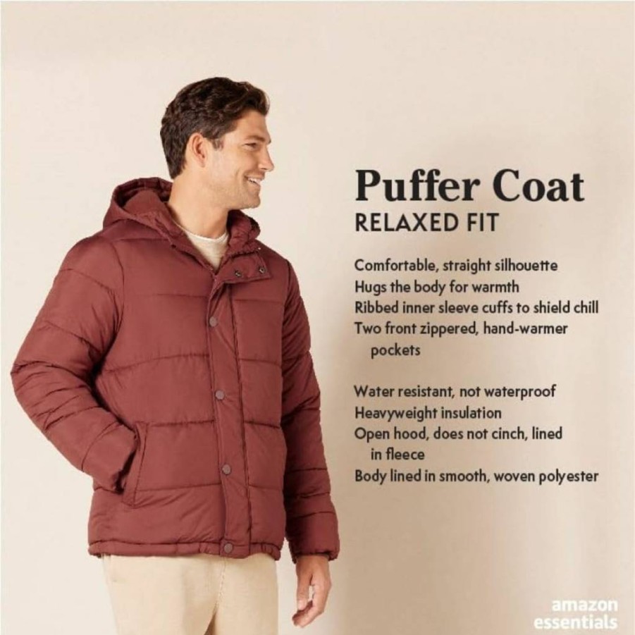Amazon Essentials Men's Winter Hooded Puffer Jacket - Heavyweight, Warm, Water-Resistant Coat for Cold Weather
