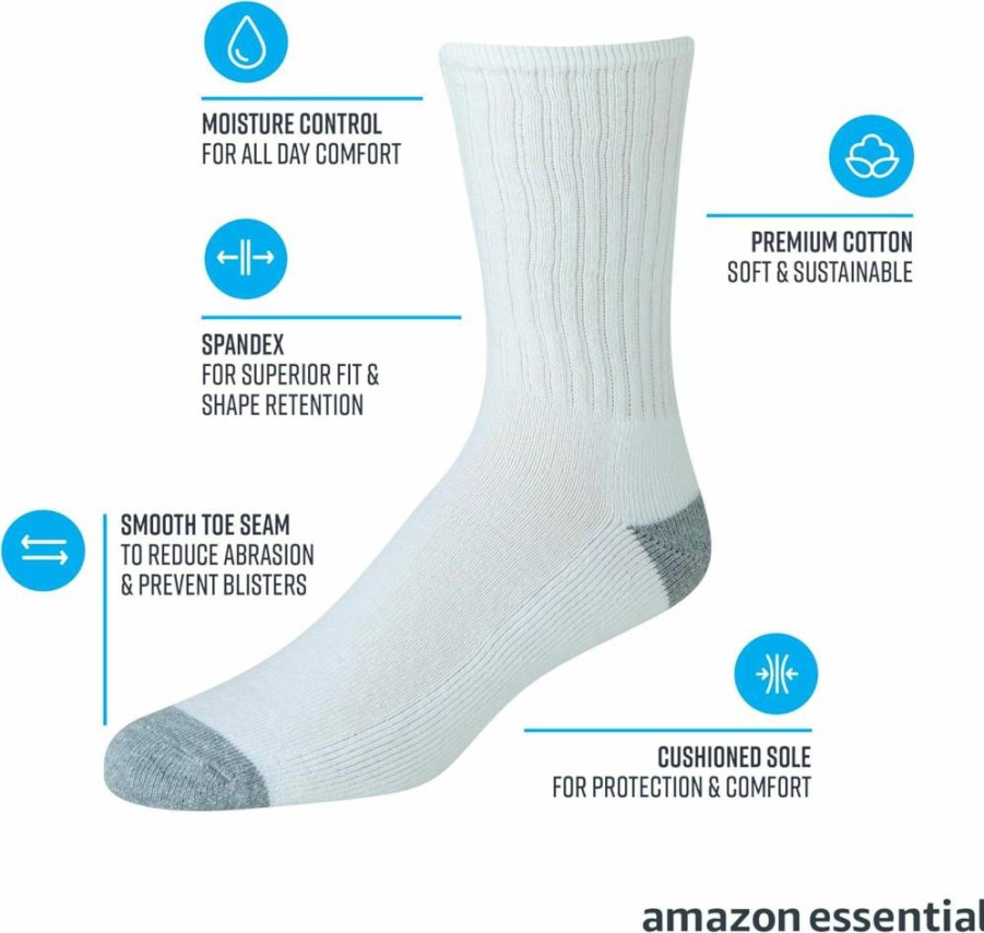 Amazon Essentials Men's Cotton Crew Socks 10-Pack - Soft, Breathable, Half-Cushioned for Comfort & Durability