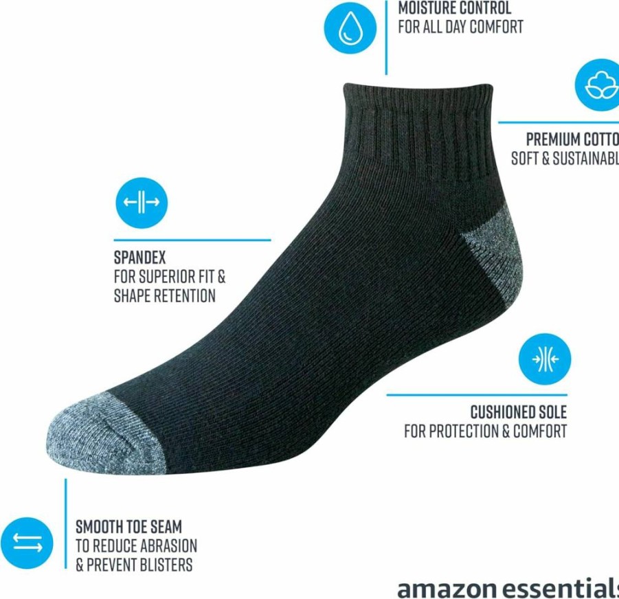 Amazon Essentials Men's Cotton Ankle Socks - 10-Pack, Breathable, Moisture-Wicking, Cushioned for Comfort
