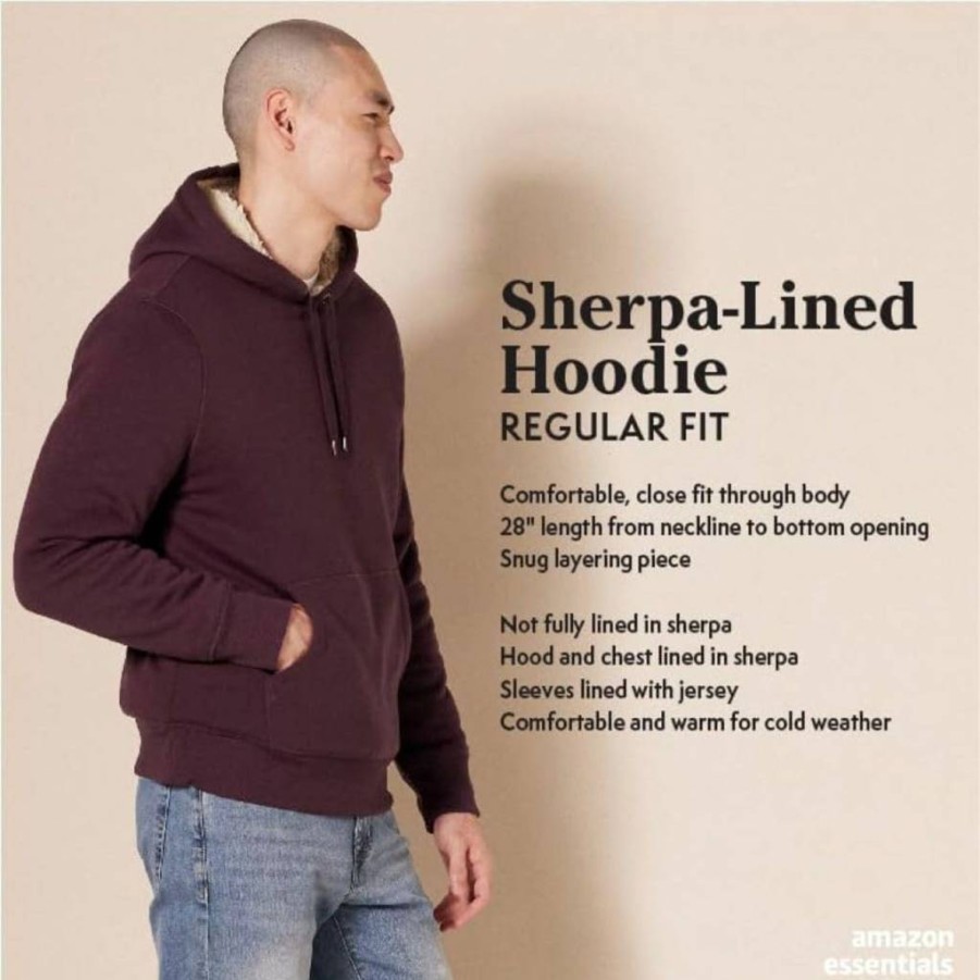 Amazon Essentials Men's Sherpa-Lined Hooded Pullover Fleece Jacket, Warm Winter Hoodie for Men