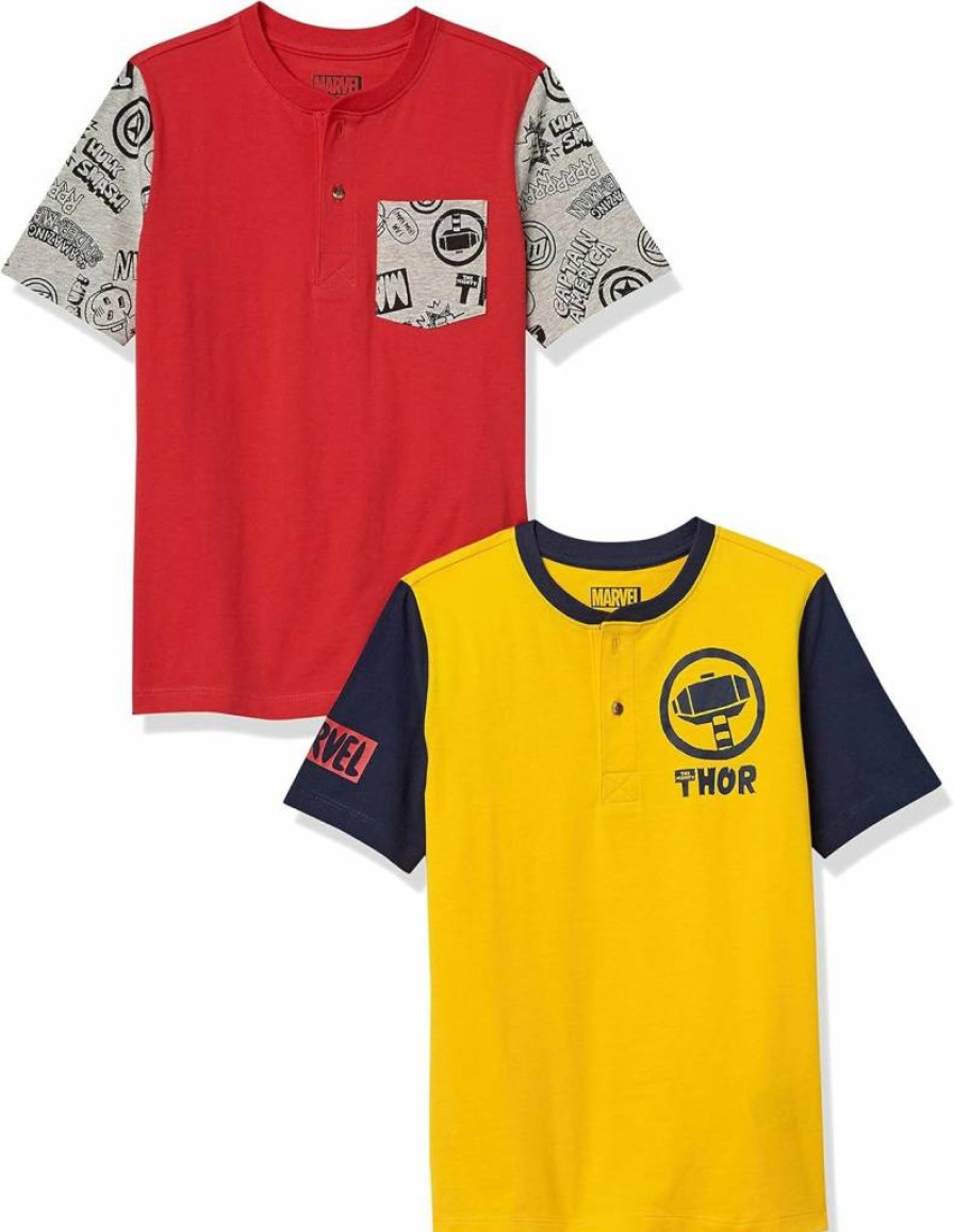 Amazon Essentials Boys' & Toddlers' Marvel & Star Wars Graphic Short-Sleeve Henley Tees, 2-Pack