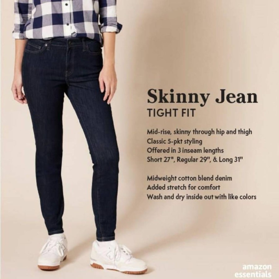 Amazon Essentials Women's Mid-Rise Stretch Skinny Jeans - Comfort Fit Denim Pants for Everyday Wear