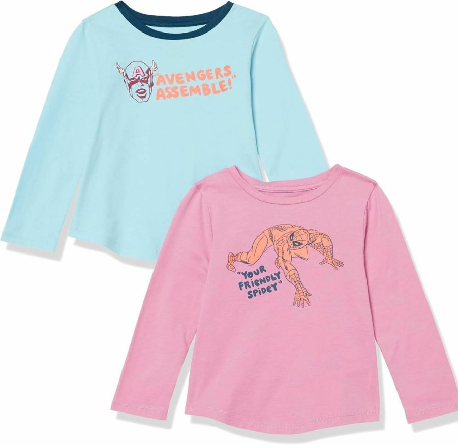 Amazon Essentials Girls' & Toddlers' Long-Sleeve Marvel Star Wars Frozen Disney Princess Graphic Tees, 2-Pack