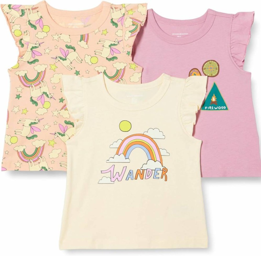 Amazon Essentials Girls & Toddlers' 3-Pack Sleeveless Ruffle T-Shirts - Soft Cotton Summer Tops
