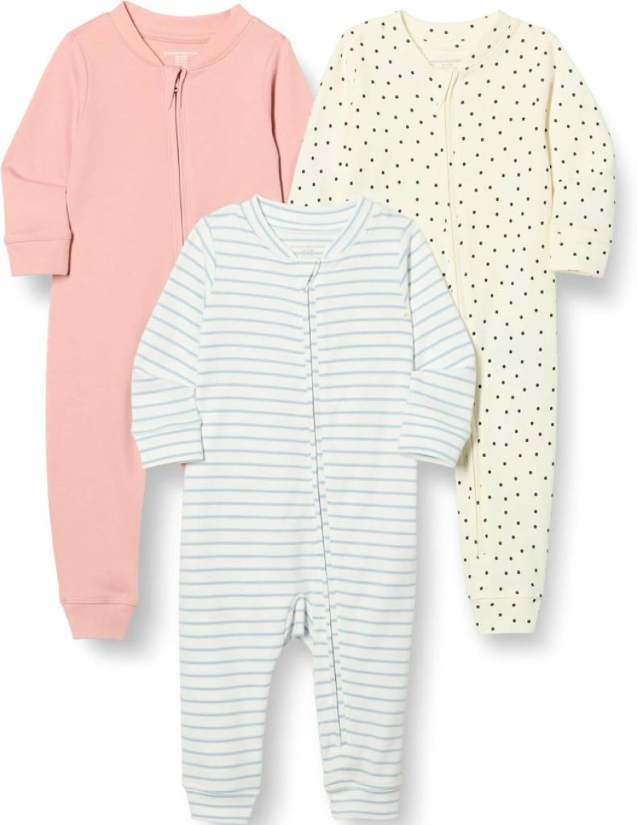 Amazon Essentials Unisex Baby Cotton Zip-Up Sleepsuits, 3-Pack, Soft & Comfortable Footless Pajamas