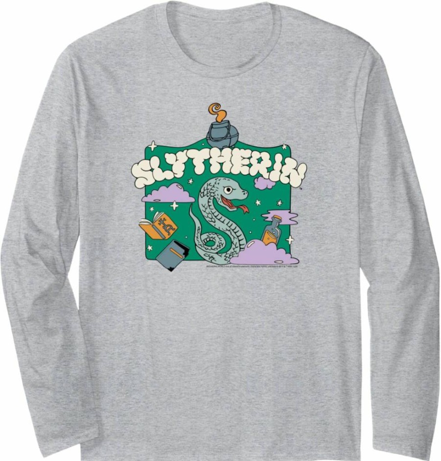Amazon Essentials Men's Harry Potter Slytherin House Graphic Long Sleeve T-Shirt, Hogwarts Cartoon Print Cotton Tee