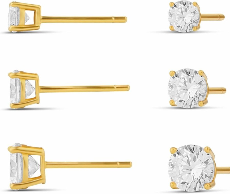 Amazon Essentials 14K Gold Plated Sterling Silver Cubic Zirconia Stud Earrings, Round & Princess Cut Set