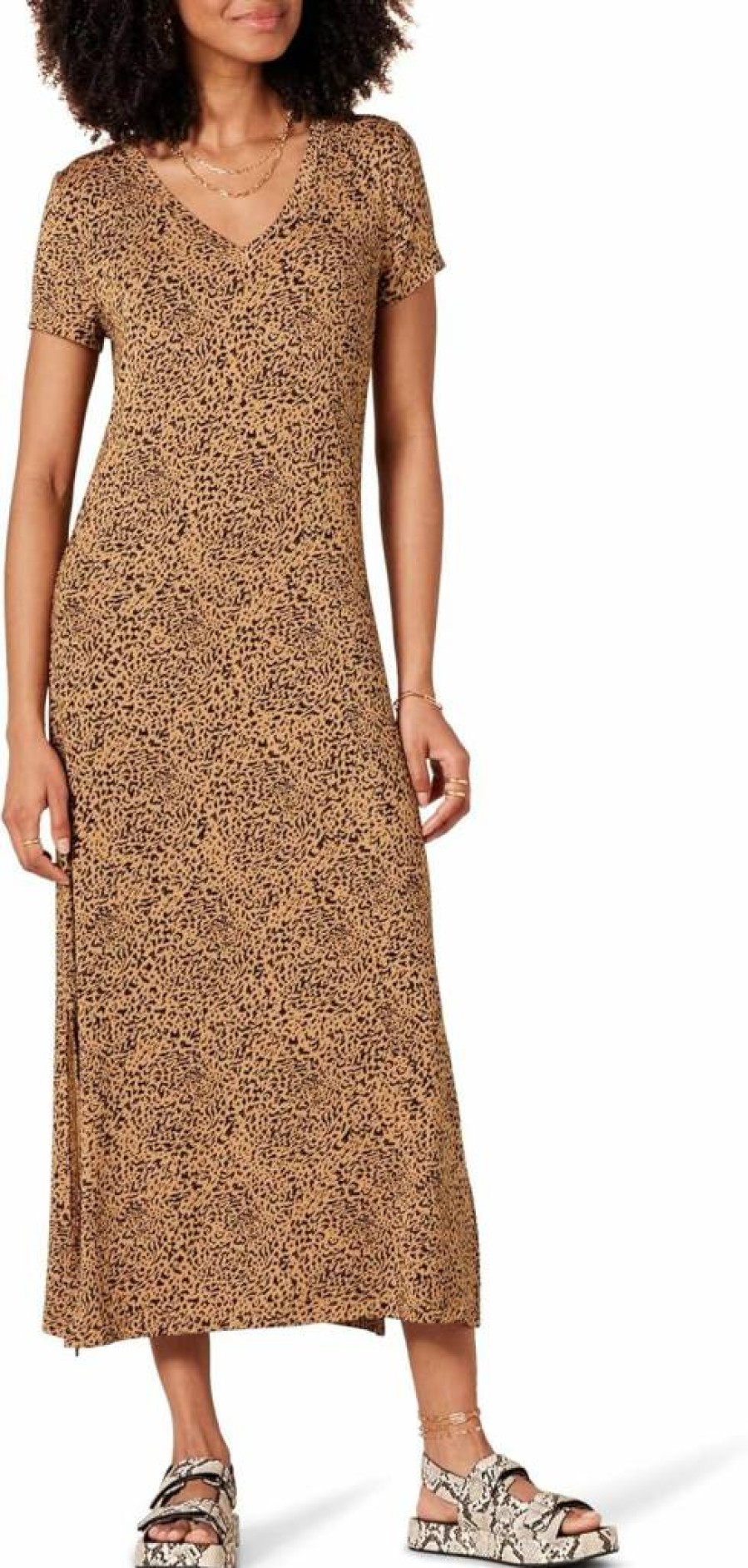 Amazon Essentials Women's Flowy V-Neck Short Sleeve Midi Dress - Casual Comfort Jersey Fabric