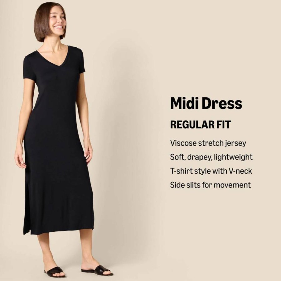 Amazon Essentials Women's Flowy V-Neck Short Sleeve Midi Dress - Casual Comfort Jersey Fabric