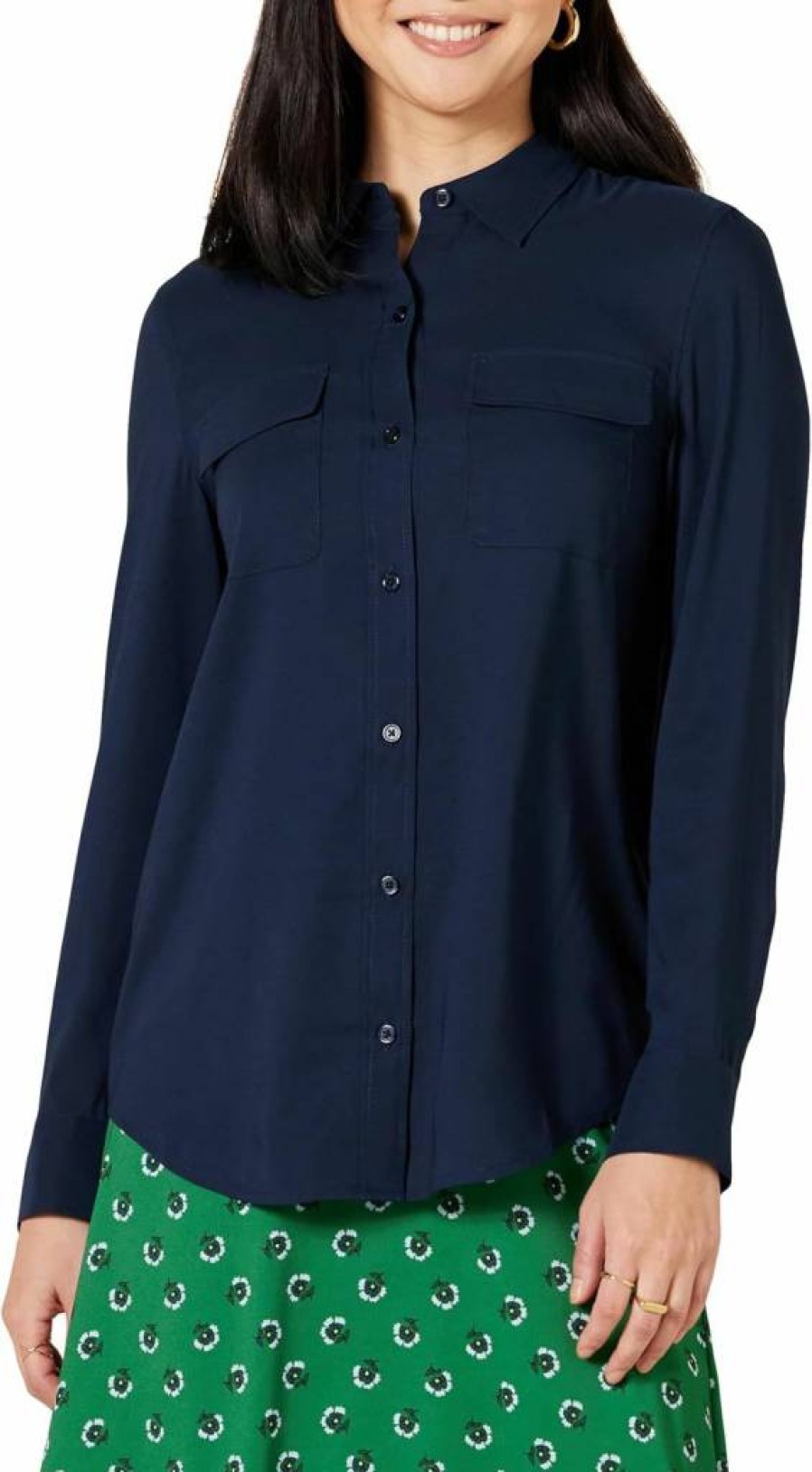 Amazon Essentials Women's Long Sleeve Georgette Shirt with Pockets, Relaxed Fit Blouse for Casual Wear