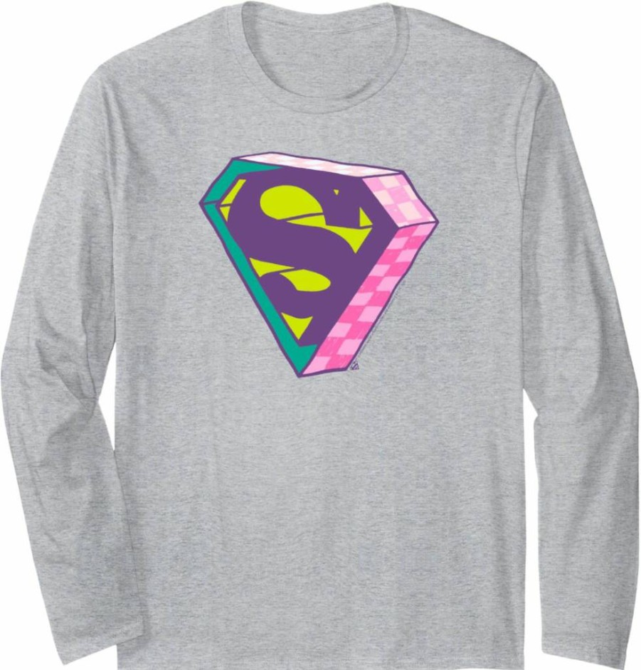 Amazon Essentials Men's Superman Graphic Long Sleeve T-Shirt with Checkerboard Print & 3D Logo
