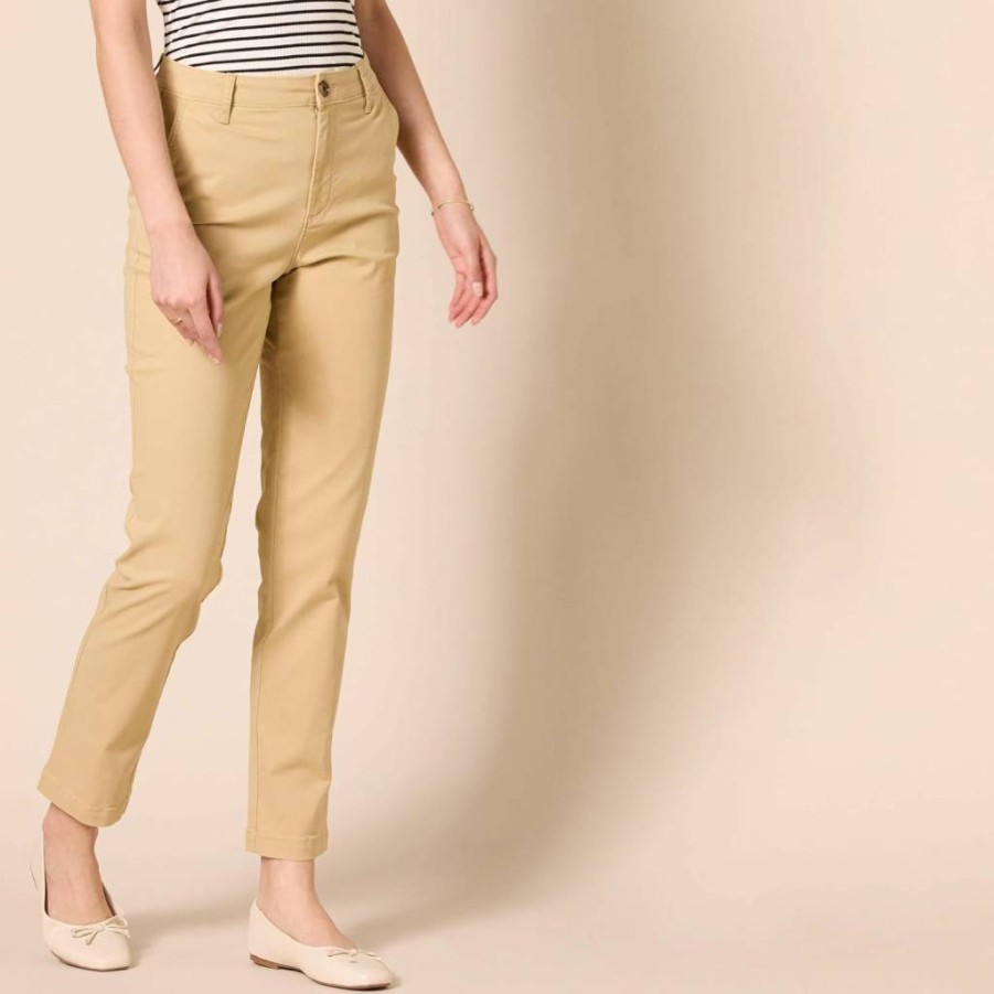 Amazon Essentials Women's Khaki Pants High-Rise Slim-Fit Straight-Leg Full-Length Trousers