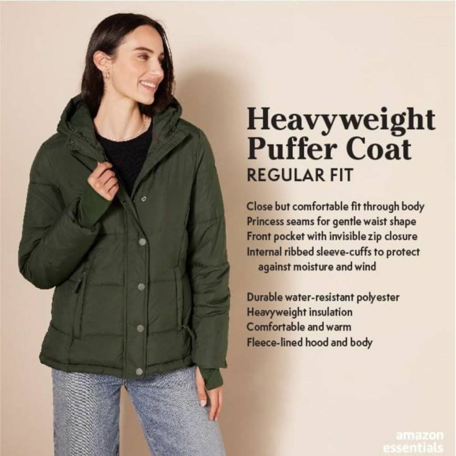 Amazon Essentials Women's Heavyweight Hooded Puffer Jacket with Long Sleeves for Winter Warmth
