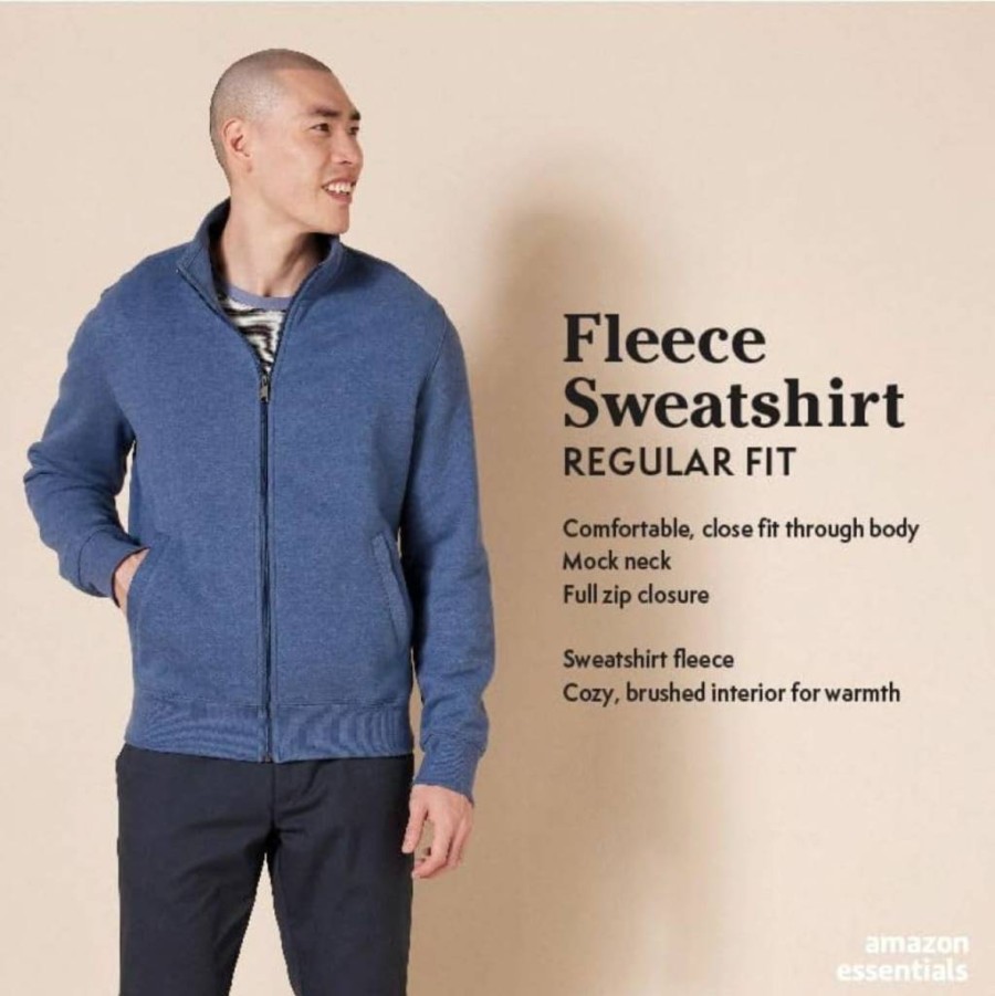 Amazon Essentials Men's Fleece Mock Neck Zip-Up Sweatshirt for Comfort & Warmth