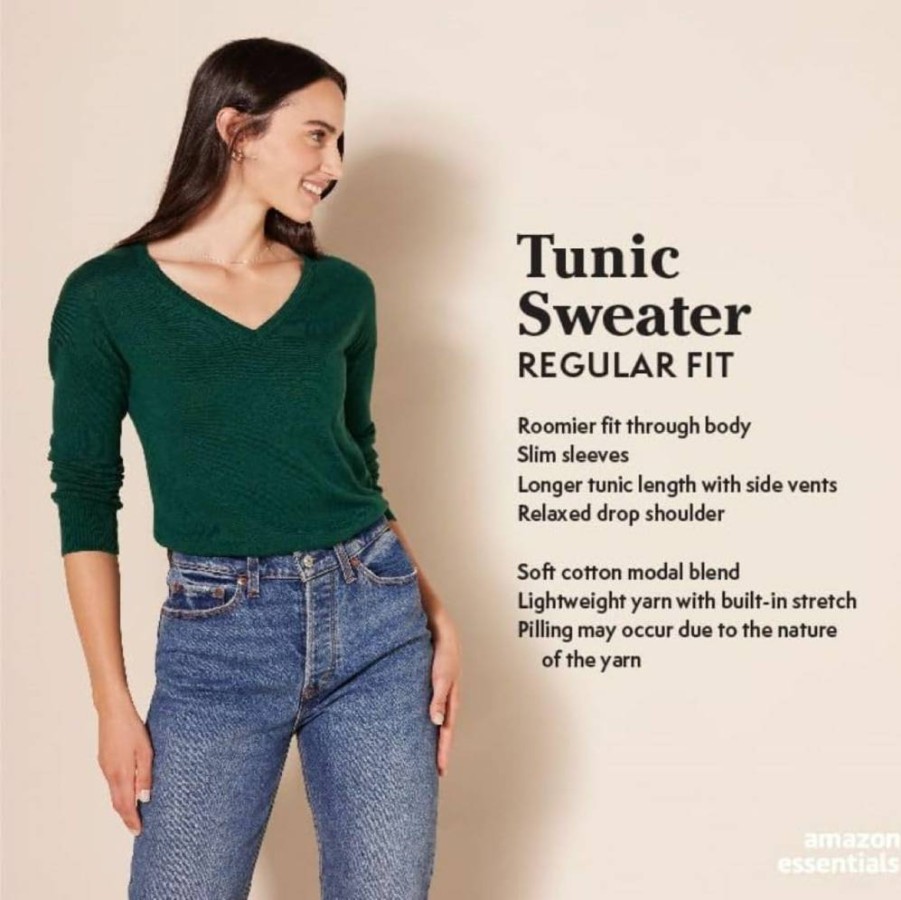 Amazon Essentials Women's Plus Size Lightweight Long-Sleeve V-Neck Sweater Tunic Top