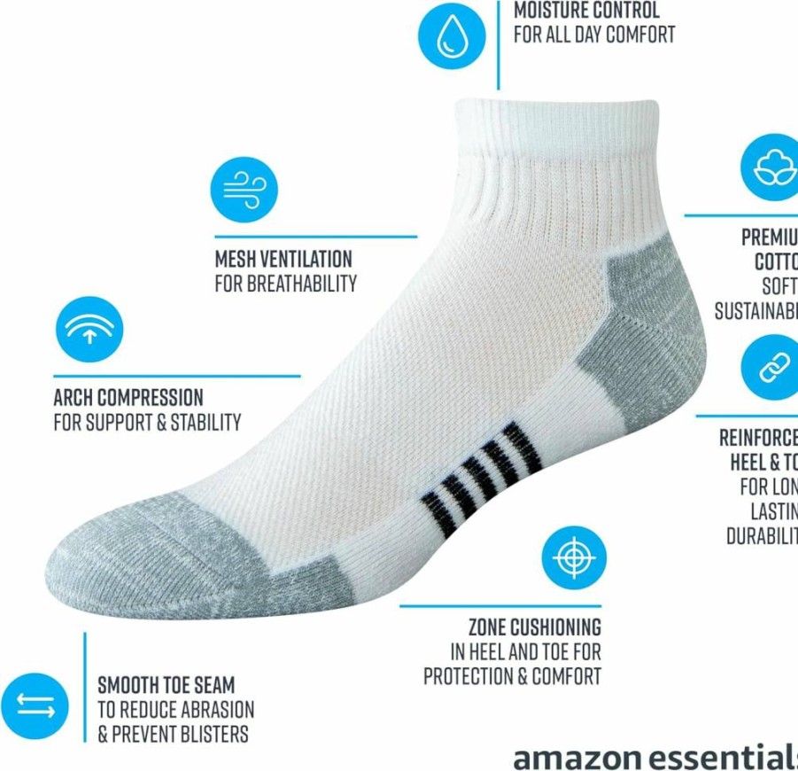 Amazon Essentials Men's Cushioned Athletic Socks, Breathable Cotton Blend, 6-Pack Ankle Socks for Sports & Casual Wear