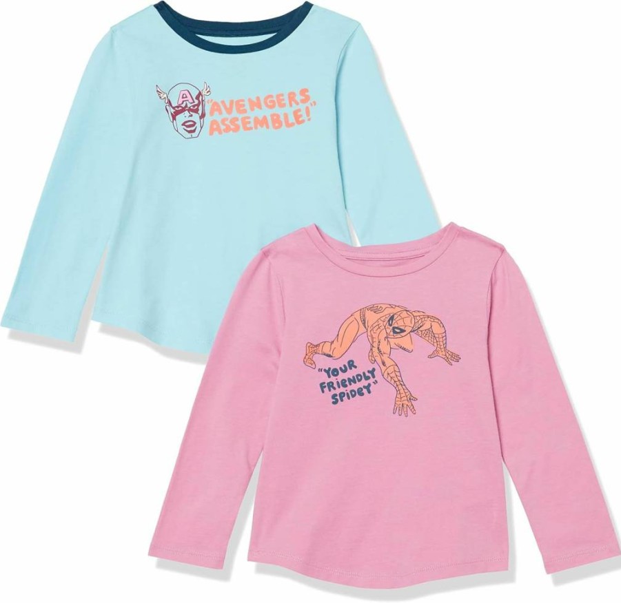 Amazon Essentials Girls & Toddlers Long-Sleeve Disney Character T-Shirts 2-Pack (Marvel, Star Wars, Frozen, Princess)