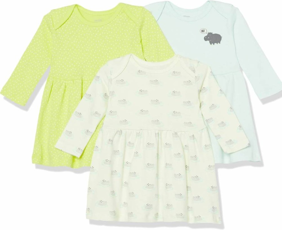 Amazon Essentials Baby Girls' Cotton Long-Sleeve Dresses, 3-Pack - Soft Casual Playwear for Toddlers