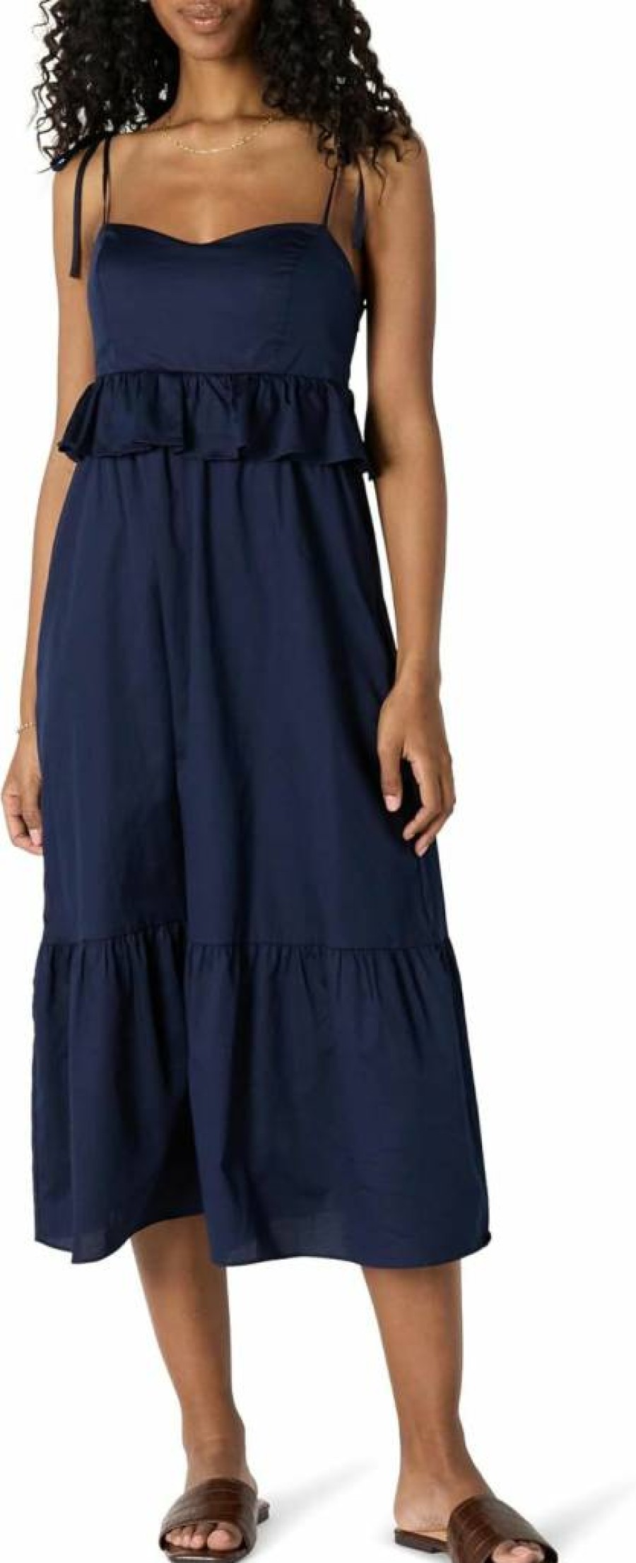 Amazon Essentials Women's Empire Waist Cotton Sateen Dress with Ruffle Hem and Fit & Flare Midi Length