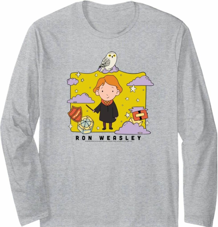Amazon Essentials Men's Harry Potter Ron Weasley Graphic Long Sleeve T-Shirt, Officially Licensed Cartoon Portrait Tee