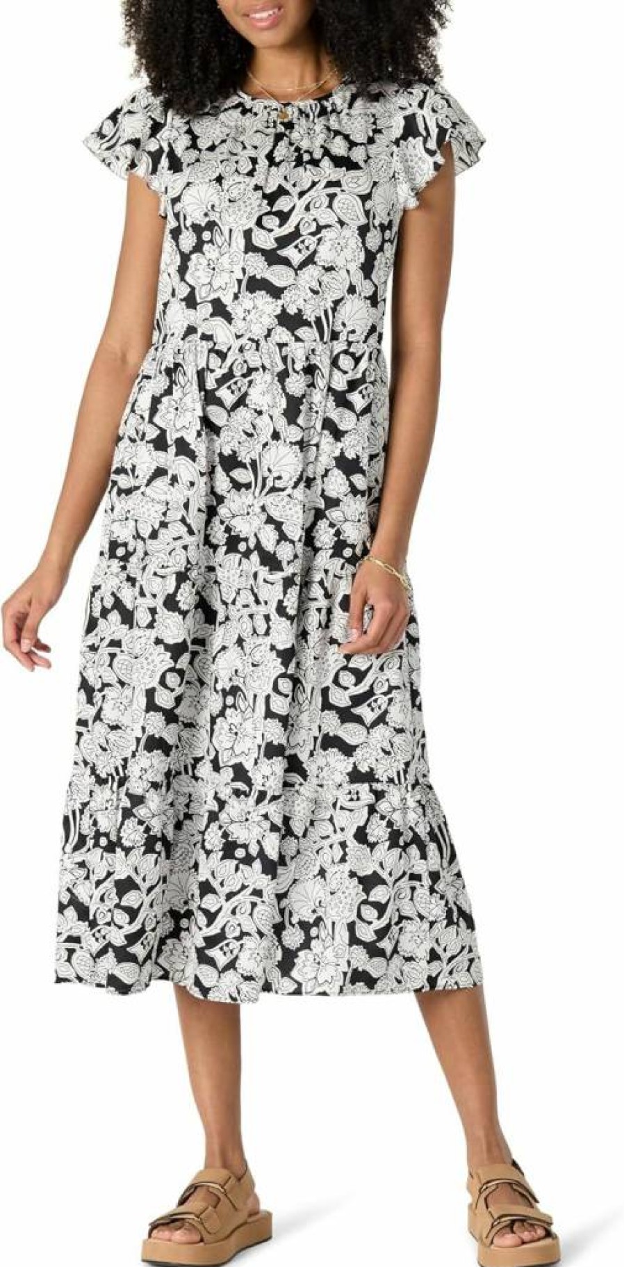 Amazon Essentials Women's Tiered Midi Dress - Relaxed Fit Cotton Sateen Crewneck Casual Summer Dress