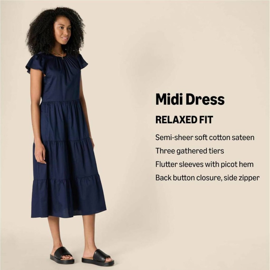 Amazon Essentials Women's Tiered Midi Dress - Relaxed Fit Cotton Sateen Crewneck Casual Summer Dress
