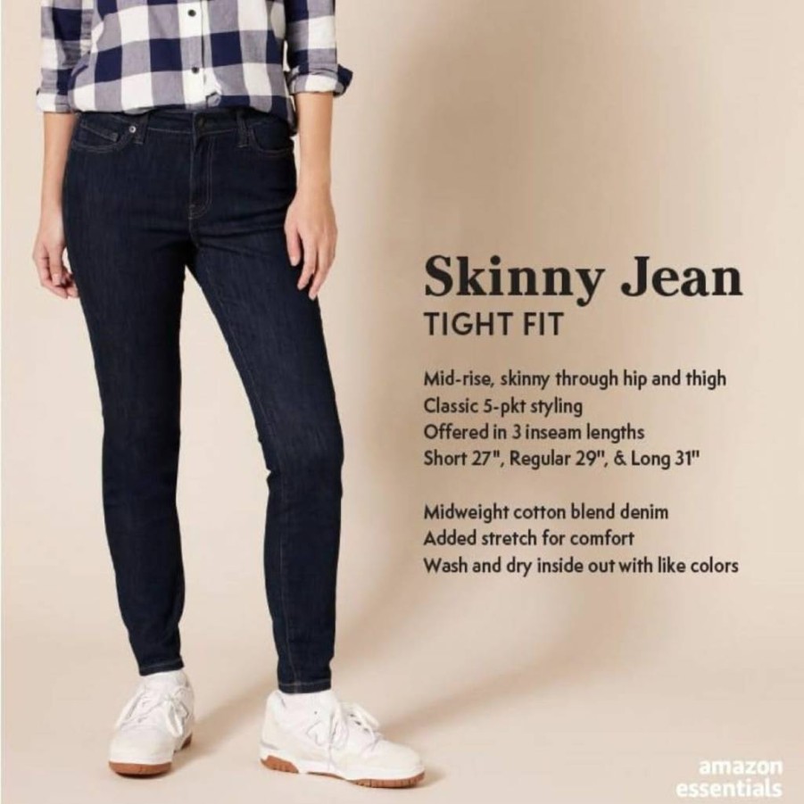 Amazon Essentials Women's Stretch Skinny Jeans - Mid-Rise Comfort Fit Denim Pants for Everyday Wear