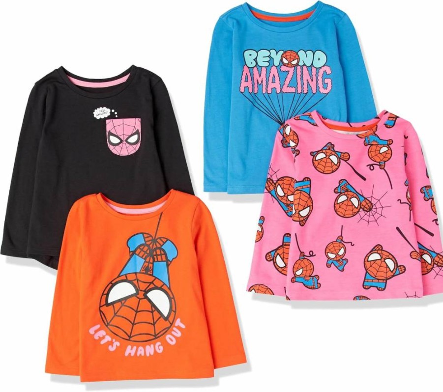 Amazon Essentials Girls & Toddlers Long-Sleeve Marvel & Star Wars Graphic Tees, 4-Pack
