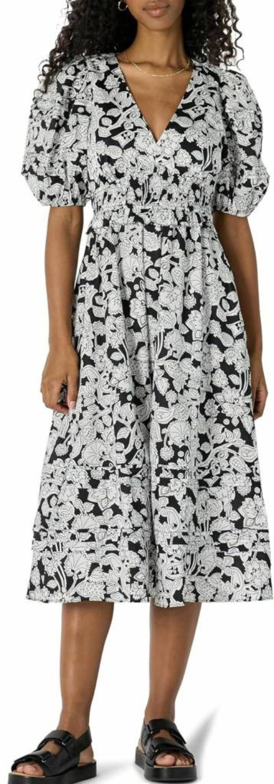 Amazon Essentials Women's Floral Cotton Sateen Puff Sleeve Midi Dress with Belt, Casual Summer Dress for Women