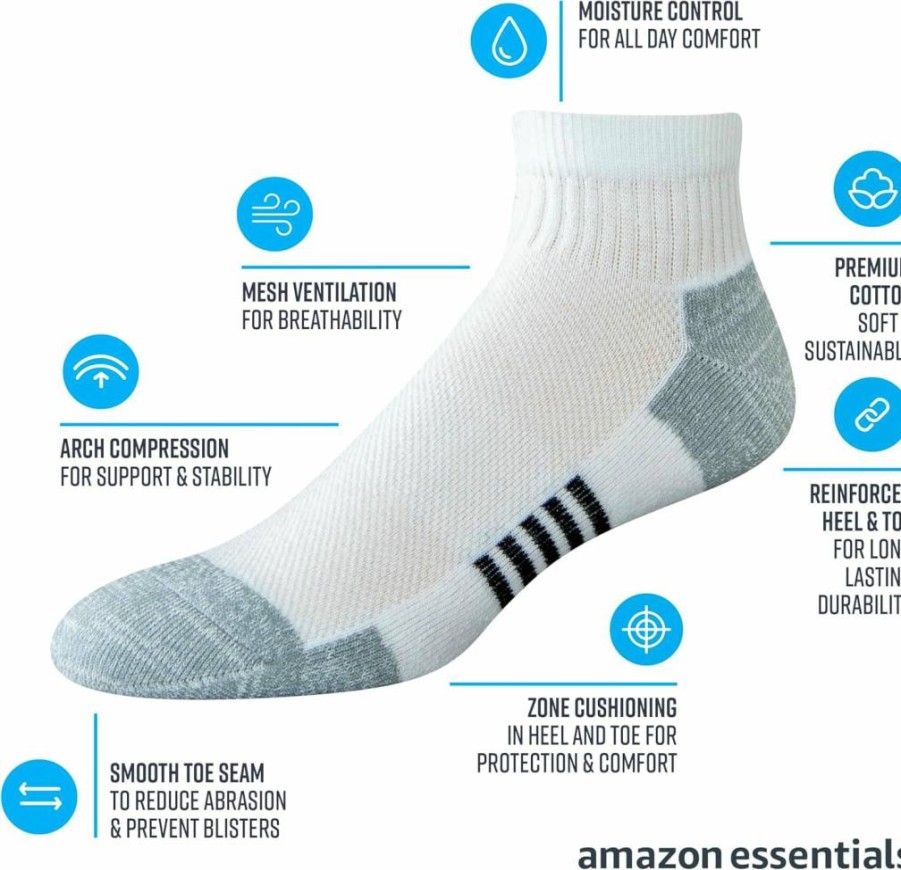 Amazon Essentials Men's Cushioned Athletic Socks, Breathable Cotton Blend, 6-Pack Ankle Socks for Sports & Casual Wear