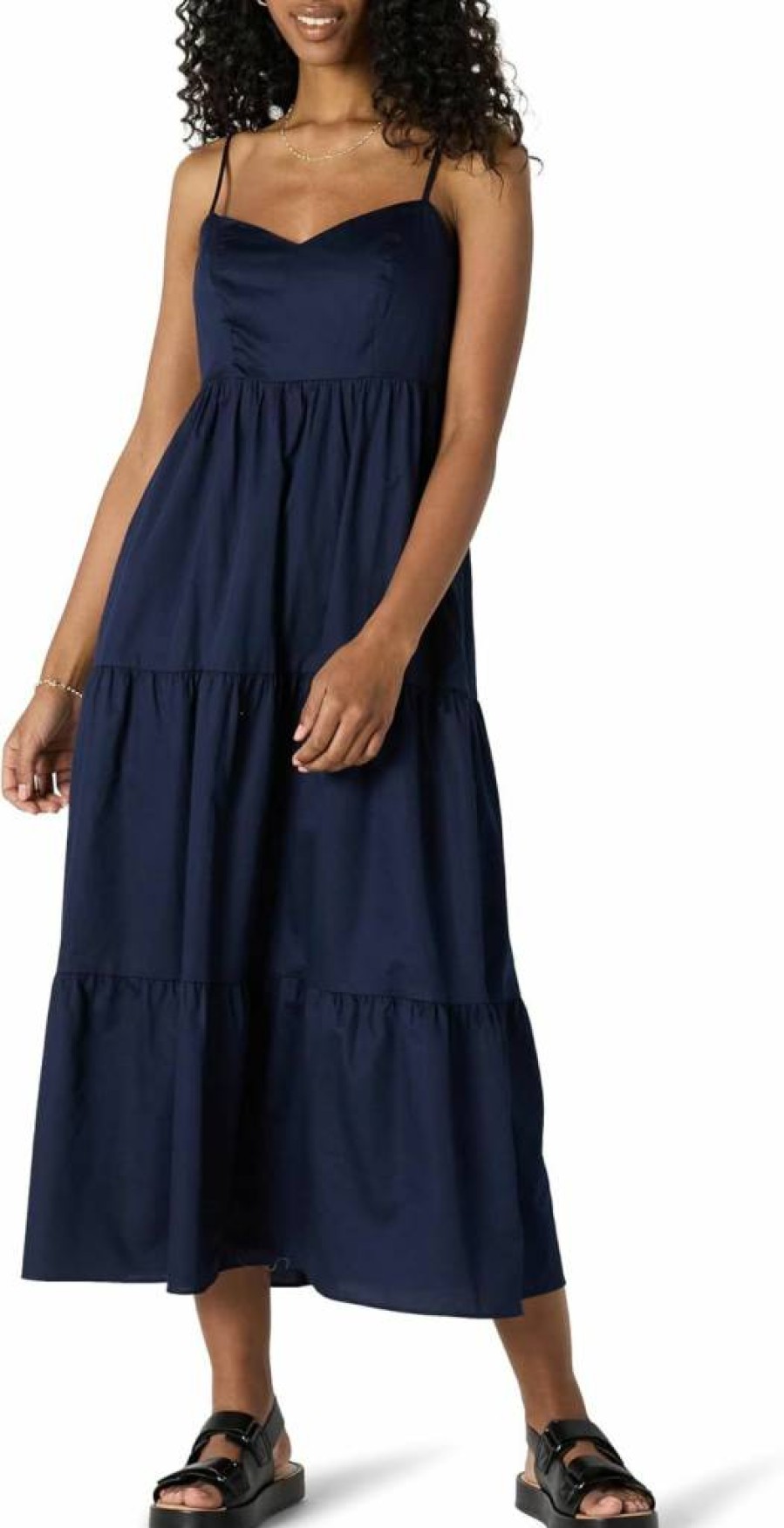 Amazon Essentials Women's Empire Waist Cotton Sateen Maxi Dress with Tiered Flare Fit
