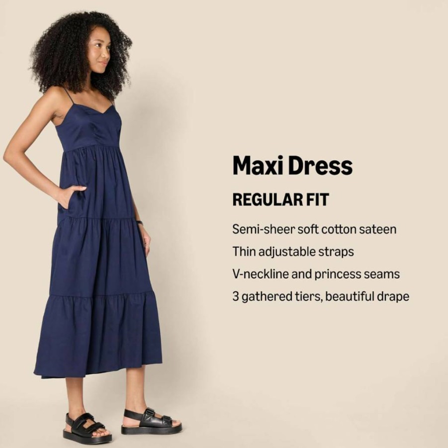 Amazon Essentials Women's Empire Waist Cotton Sateen Maxi Dress with Tiered Flare Fit