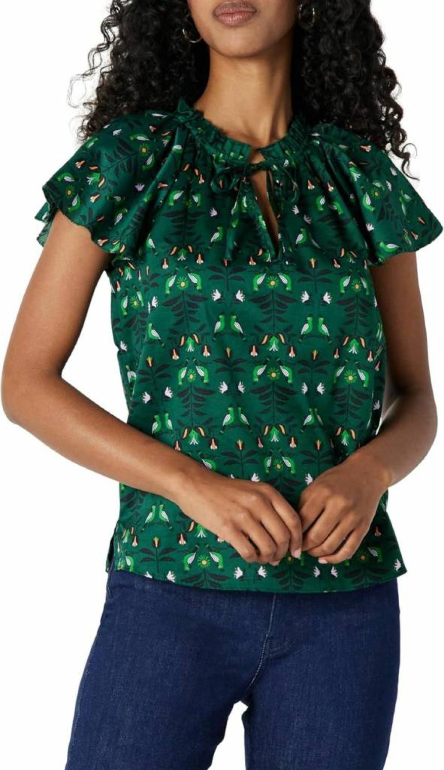 Amazon Essentials Women's Flutter Sleeve Blouse - Relaxed-Fit Cotton Sateen Top for Casual Wear