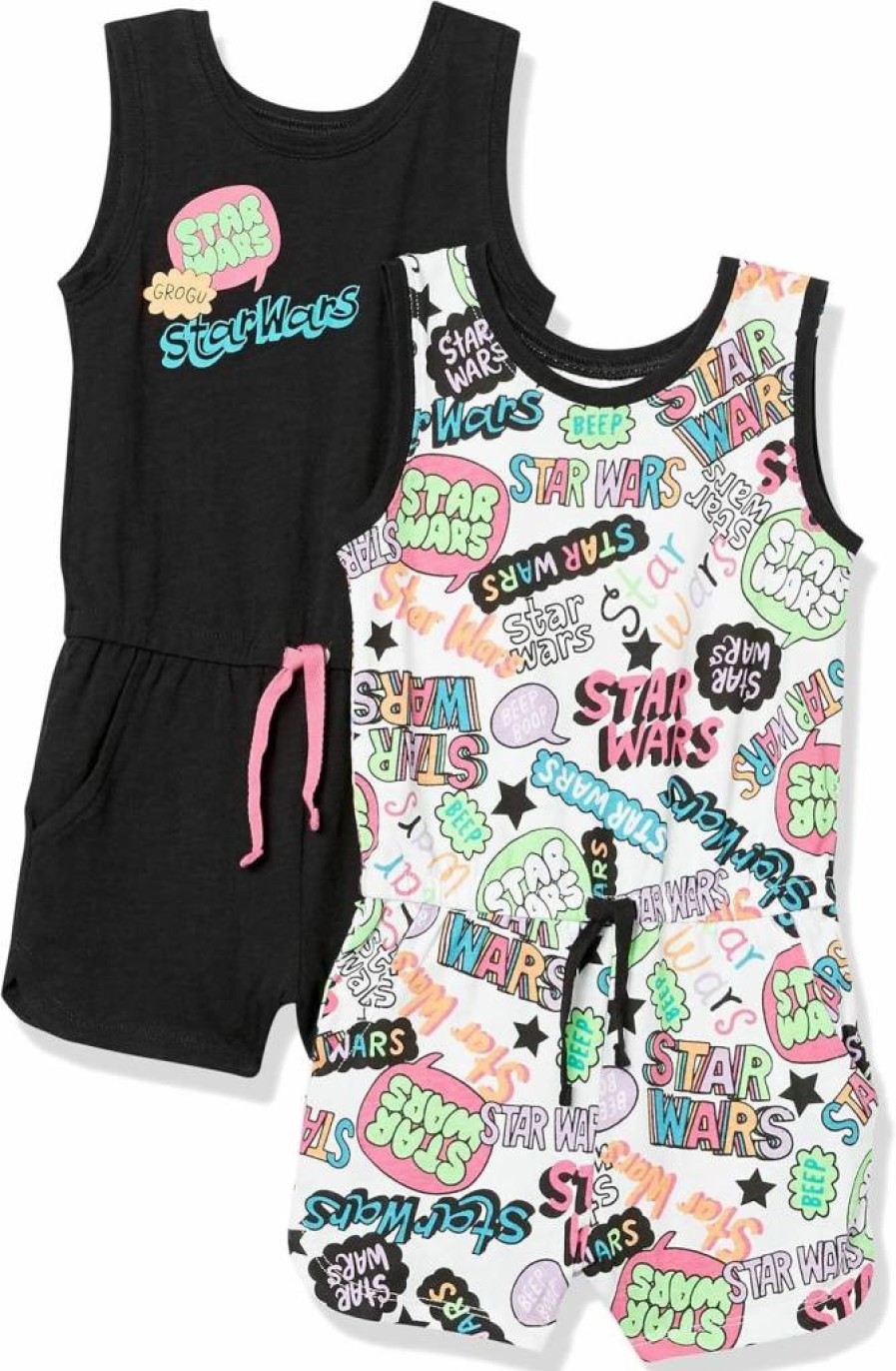 Amazon Essentials Girls' & Toddlers' 2-Pack Knit Sleeveless Rompers - Disney, Marvel, Star Wars, Frozen & Princess Character Designs